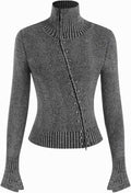 Grey stand-collar cardigan sweater in ribbed knit with diagonal snap front