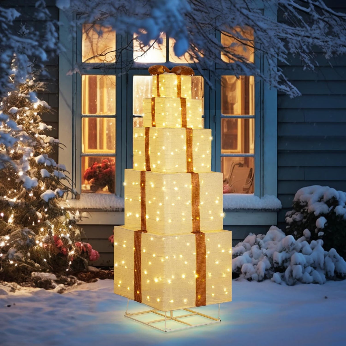 Stacked light-up gift box yard decoration with warm white LED lights