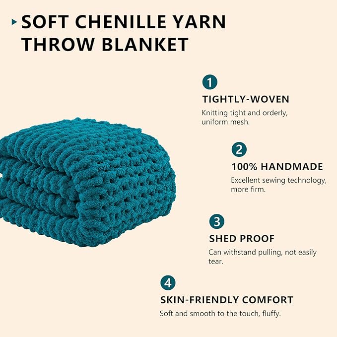 Rolled teal chunky chenille knit throw blanket with dense textured weave