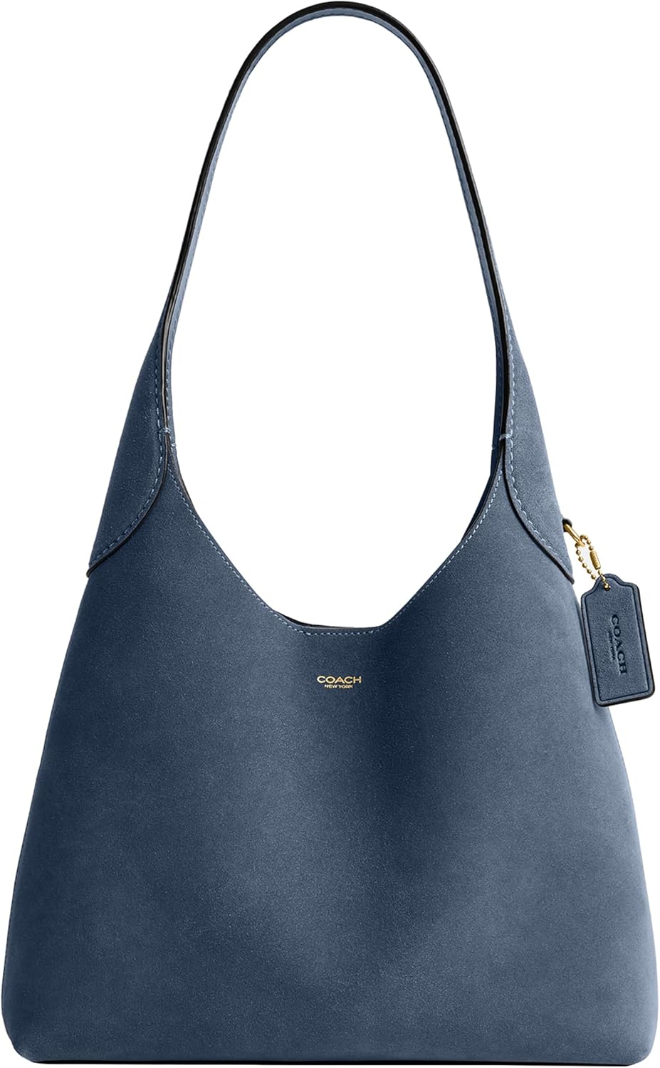 Navy suede shoulder bag with wide handles, COACH logo, magnetic snap top.