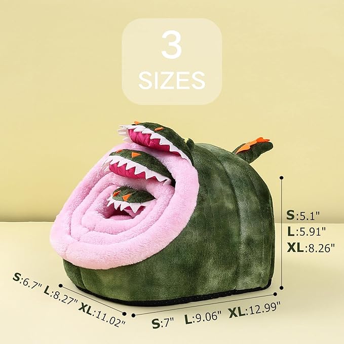 Green plush hideout tent with pink interior and size options S, L, XL measurements