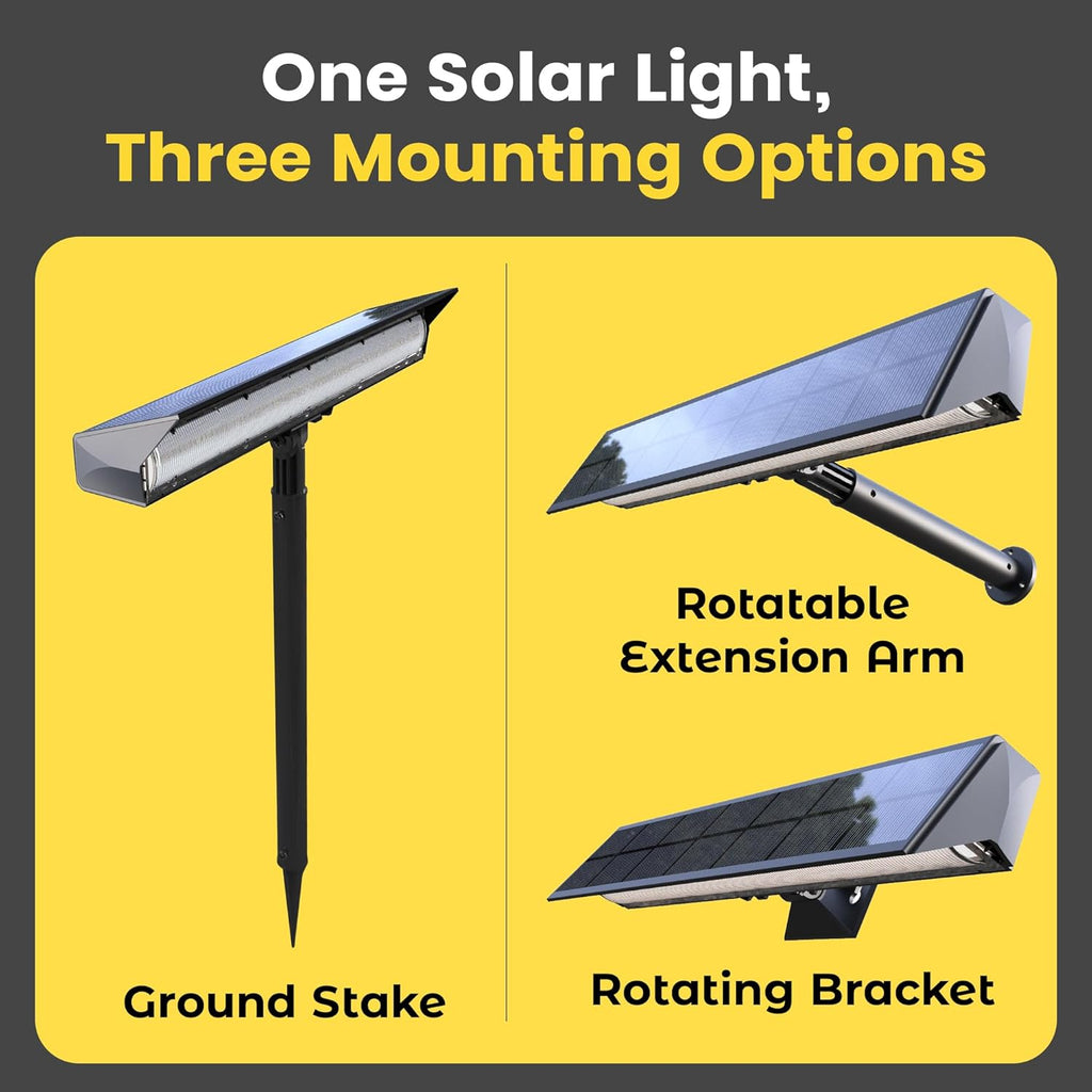 Solar sign flood light showing ground stake, rotating bracket, and extension arm options