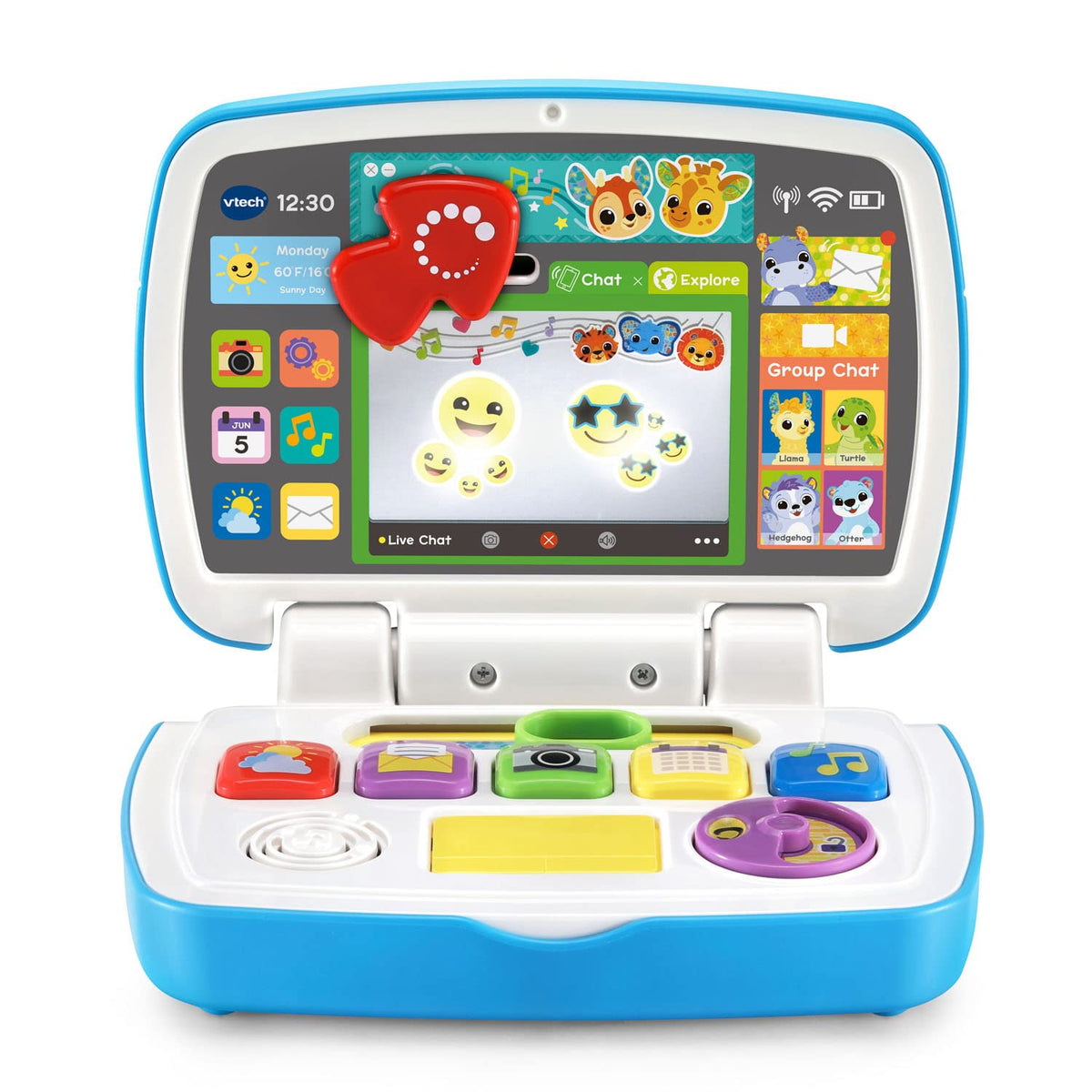 Blue interactive toddler laptop with animal-themed touchscreen and colorful button keyboard
