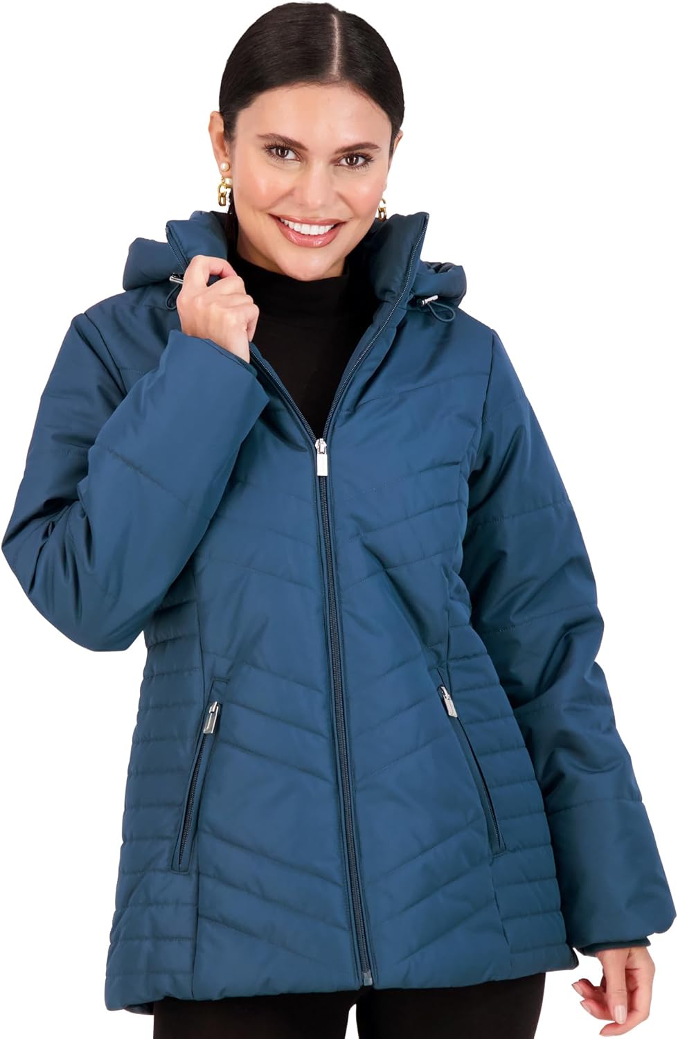 Teal blue puffer jacket with front zipper and adjustable bungee hood, women's winter coat