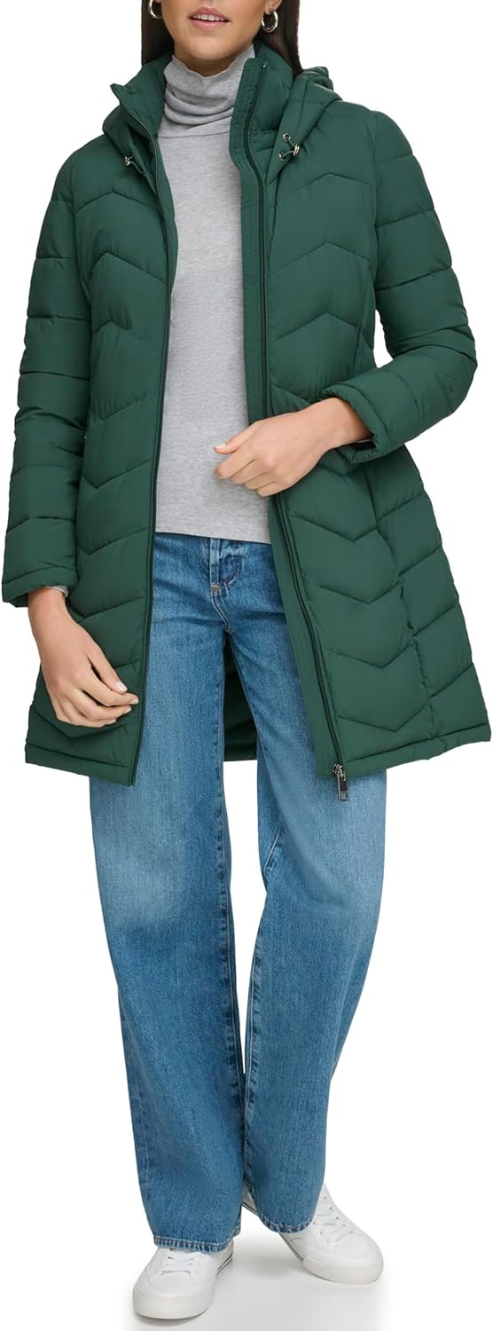 Forest green long quilted bib-front jacket with hood, full zip, and side pockets