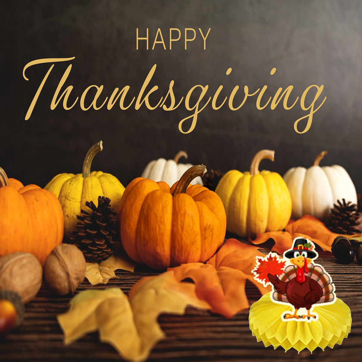 Happy Thanksgiving table centerpiece card with turkey topper atop honeycomb base