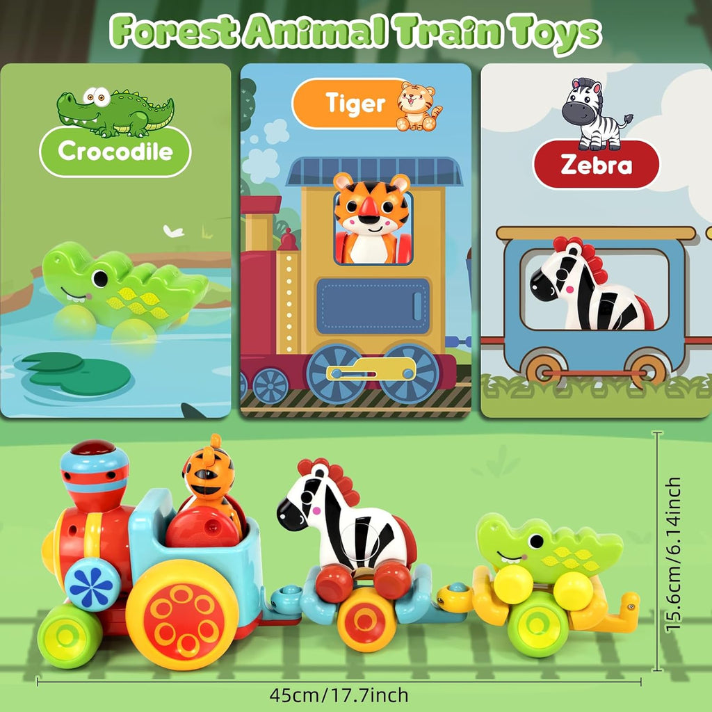 Forest animal train toy set featuring crocodile, tiger, and zebra train cars