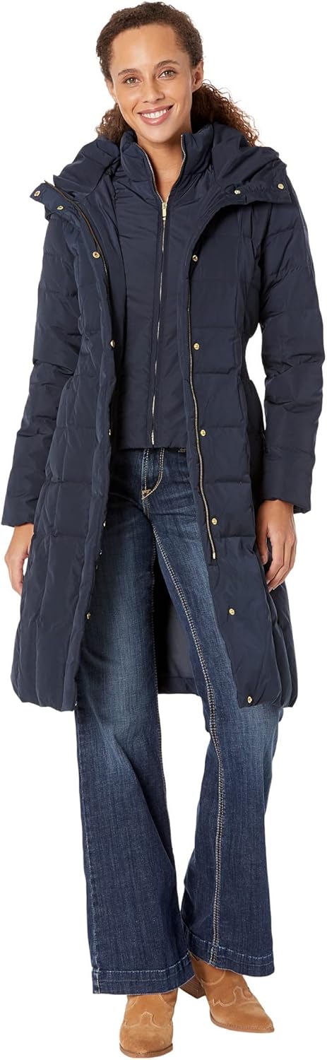 Dark navy long hooded puffer coat, quilted panels, front zipper, side pockets.