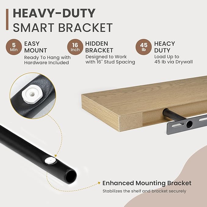 Oak floating shelf with hidden mounting bracket for secure, drill-in wall installation