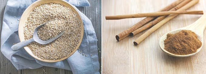 Horse treat ingredient powders in bowls, grain-like mix and brown powder