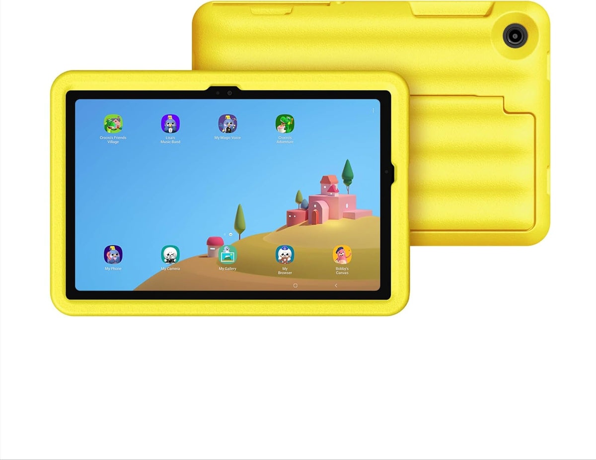 Yellow kids tablet with protective case, showing a colorful learning game screen