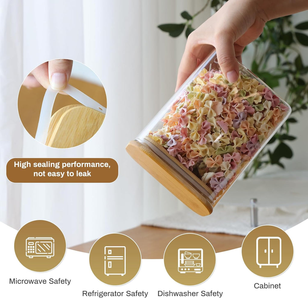 Square clear glass container with bamboo lid, hand tipping jar to fill dry snacks.
