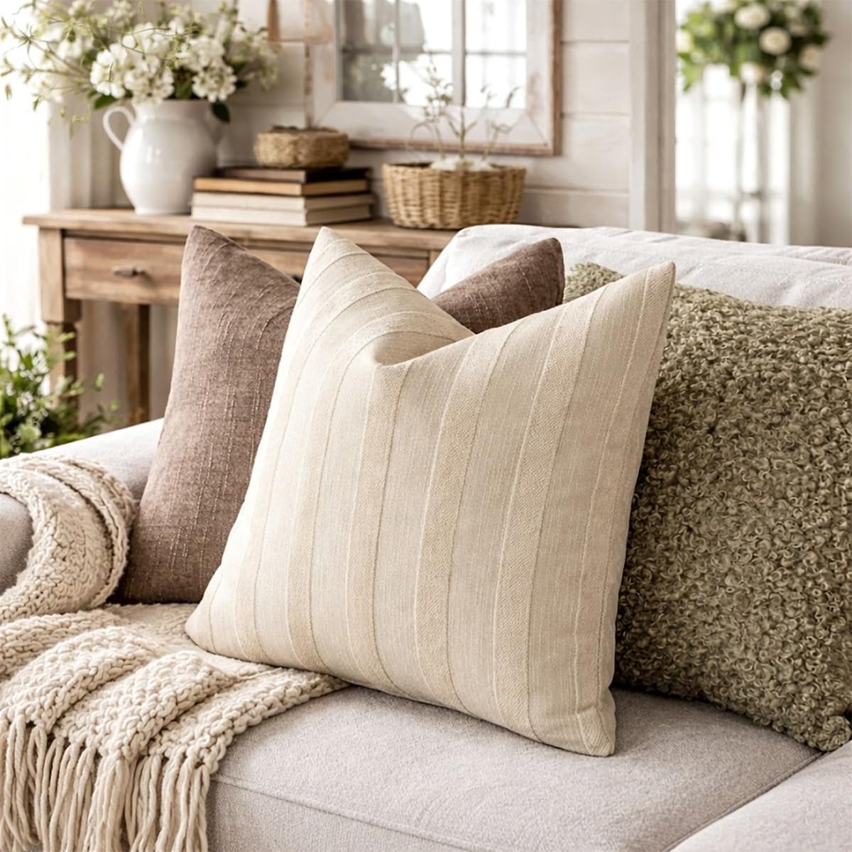 Light beige striped throw pillow cover in front view on sofa with knit throw nearby.