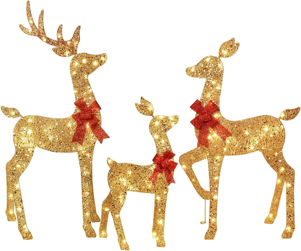 Gold glitter deer family yard decoration set of three with red bow accents
