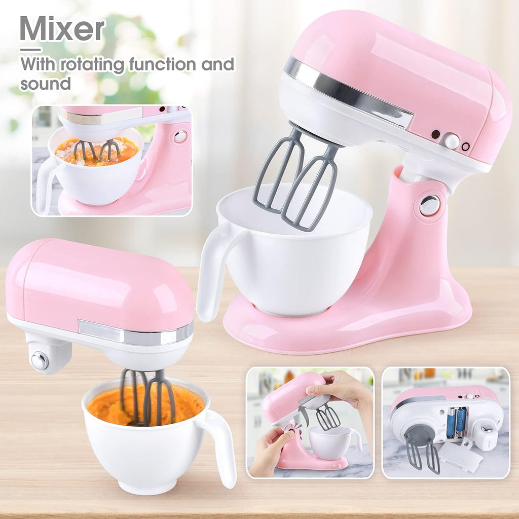 Pink and white toy stand mixer with whisk beater and mixing bowl