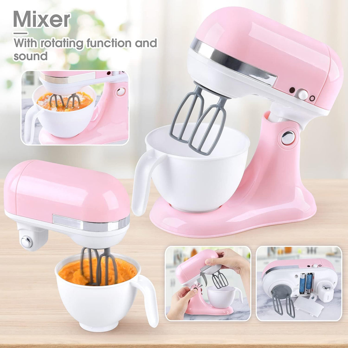 Pink and white toy stand mixer with whisk beater and mixing bowl