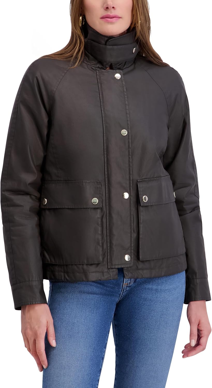 Women's waxed cotton barn jacket, chocolate brown, front with snap placket and flap pockets