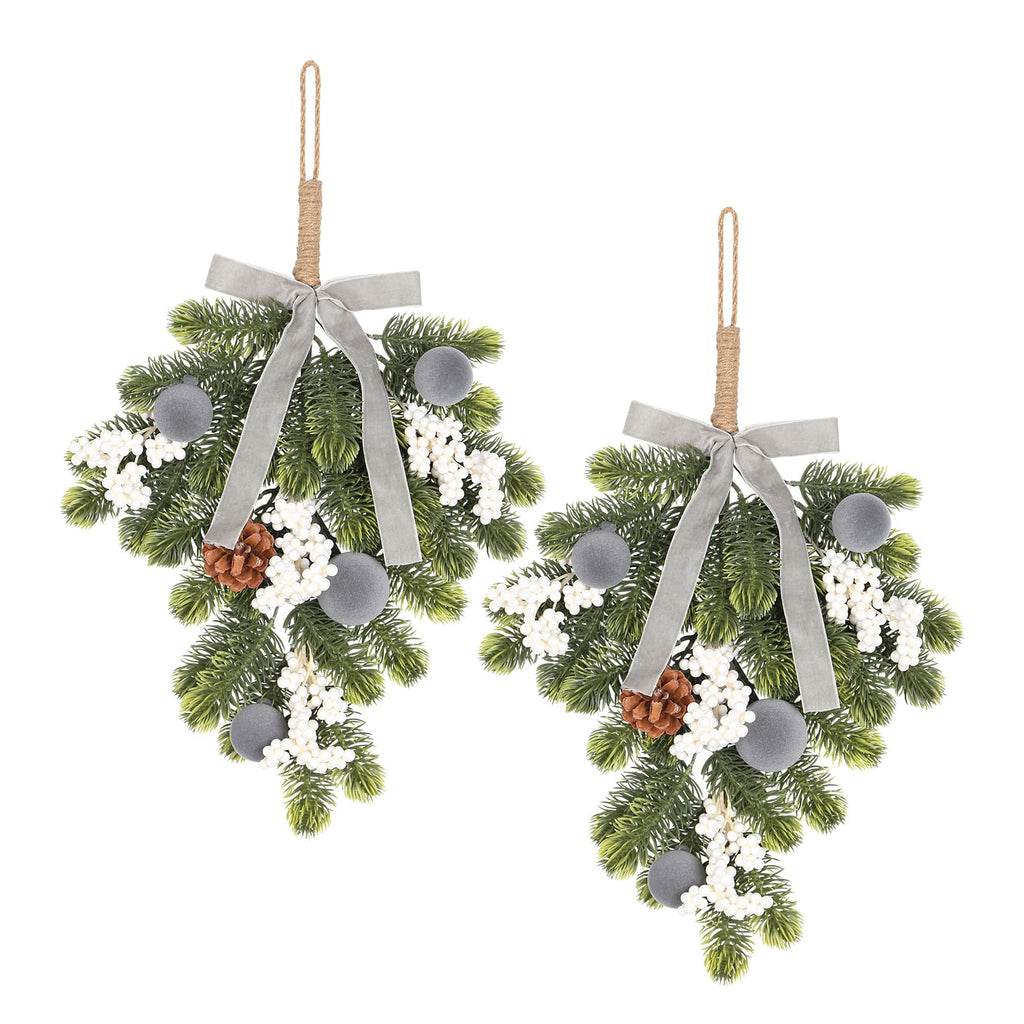 Artificial green wreath pair with gray velvet bows, pine cones, and silver ball accents