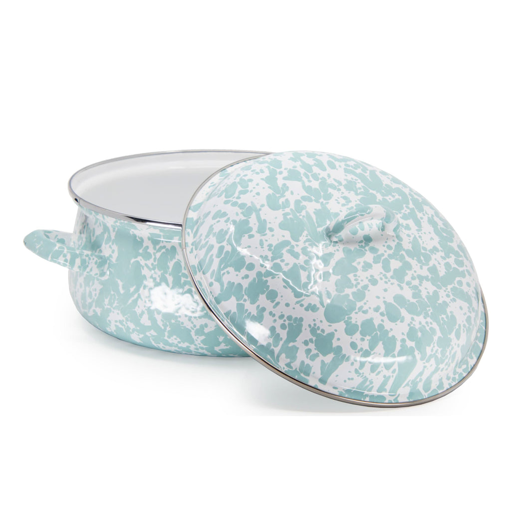 Golden Rabbit 4-quart enamel Dutch oven, sea glass speckled with lid open