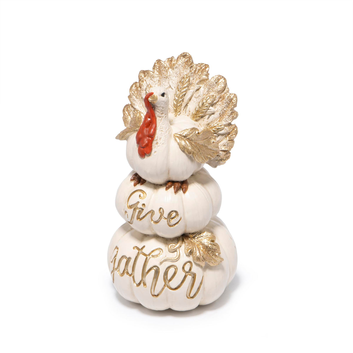 White resin turkey on stacked pumpkins figurine with gold foil 'Give thanks' text