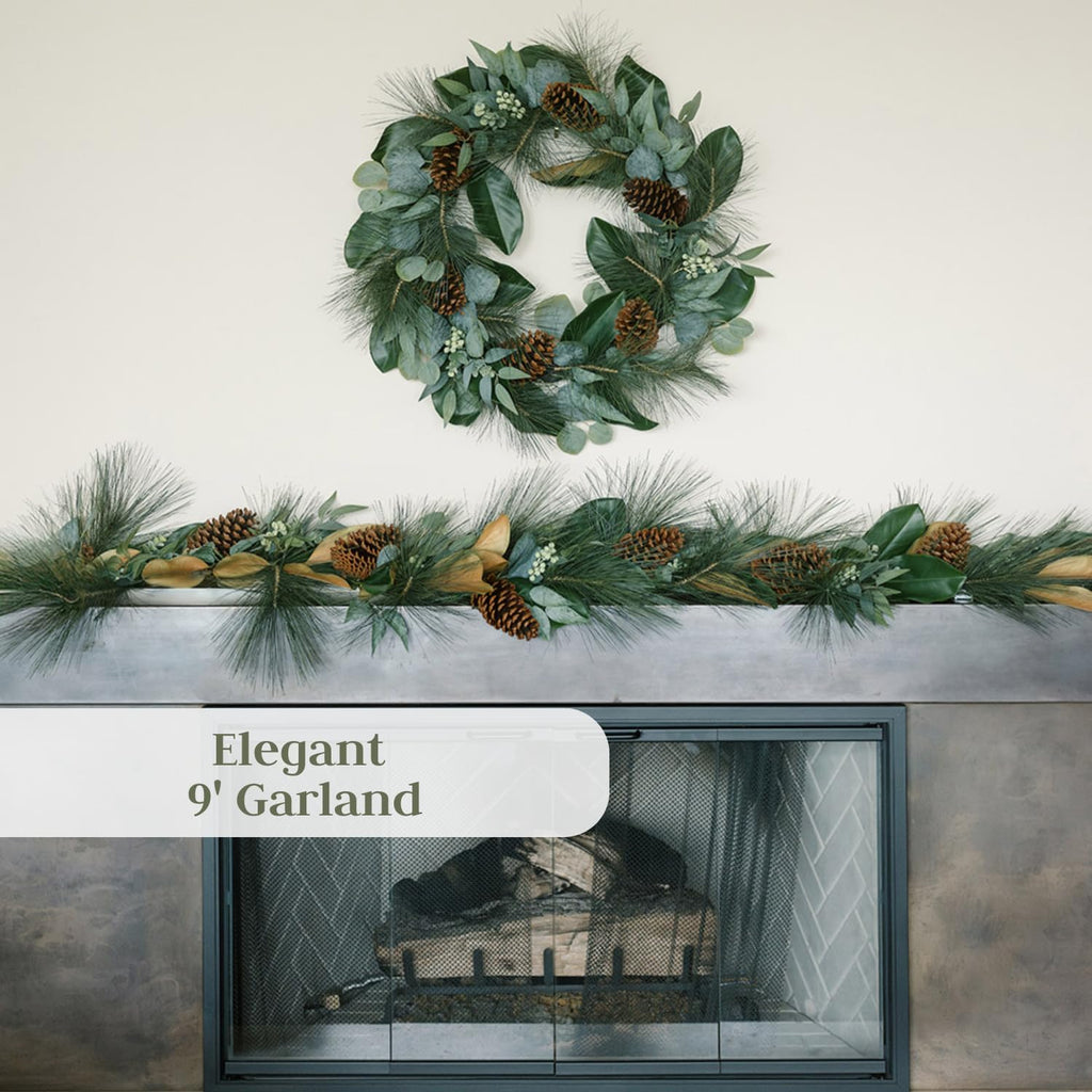 Artificial Christmas garland with dark green foliage and pinecone accents