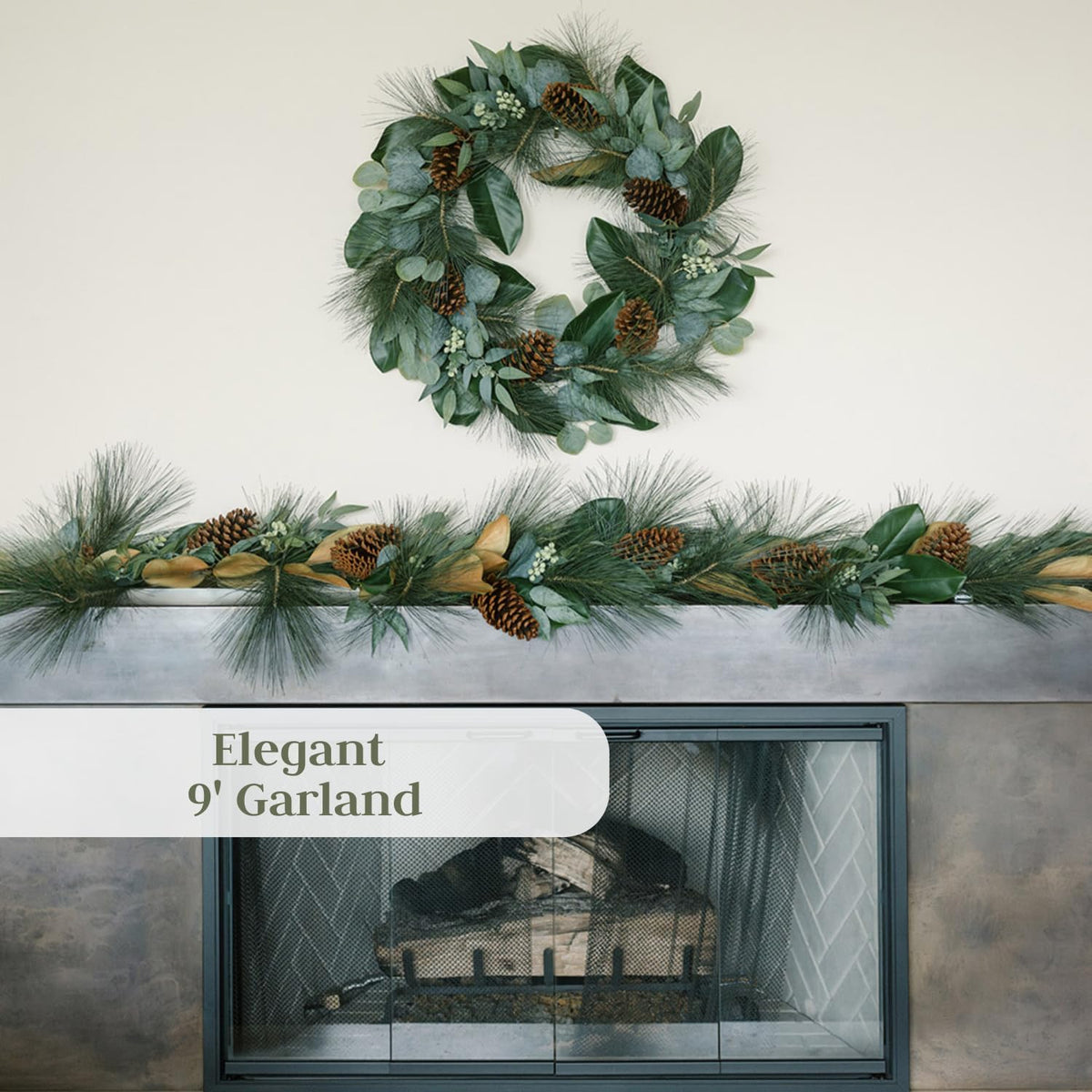 Artificial Christmas garland with dark green foliage and pinecone accents