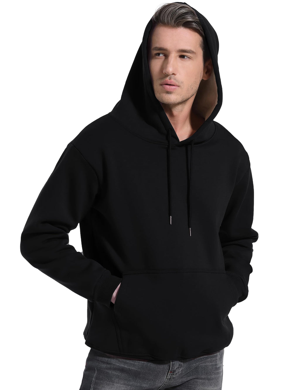 Black pullover hoodie with hood and drawstring, kangaroo pocket; sherpa-lined fleece.