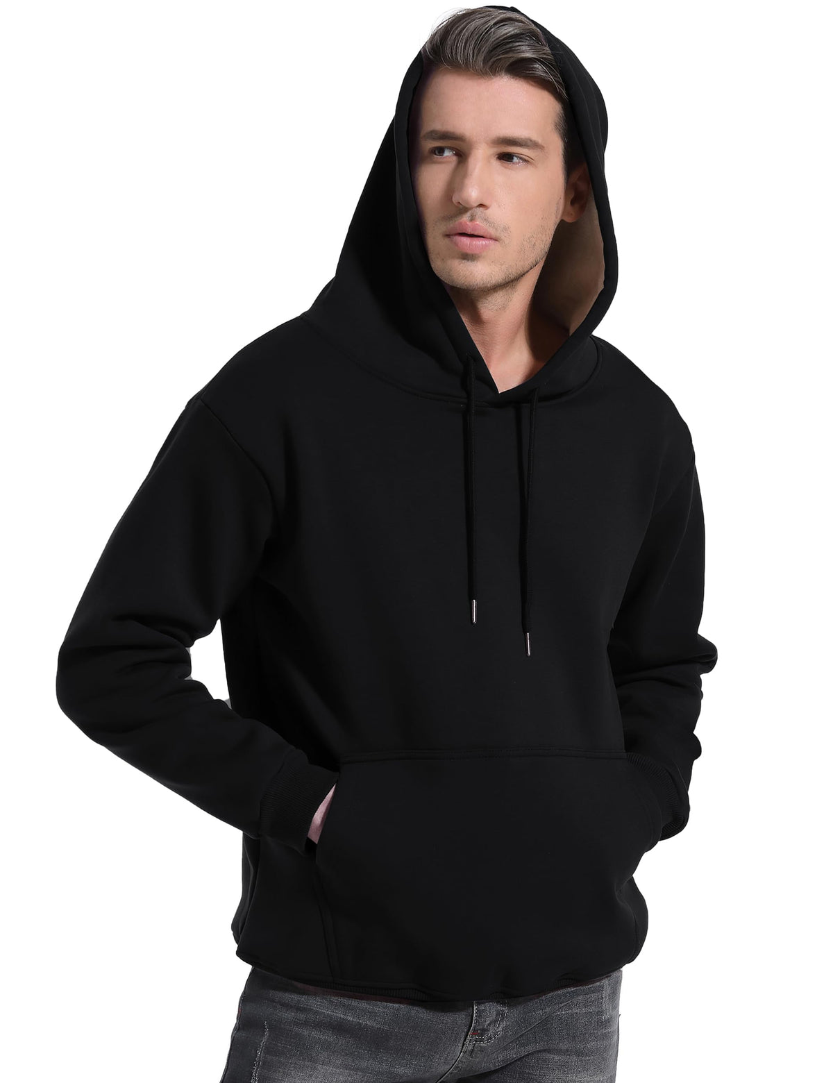 Black pullover hoodie with hood and drawstring, kangaroo pocket; sherpa-lined fleece.