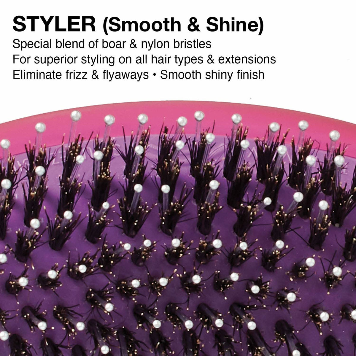 Close-up of purple cushion hair brush with black bristle pins and silver tips.