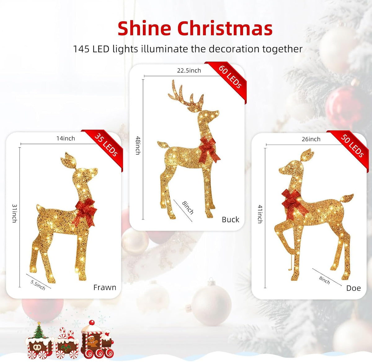 Gold glitter reindeer decoration set with red bows, three deer family sizes