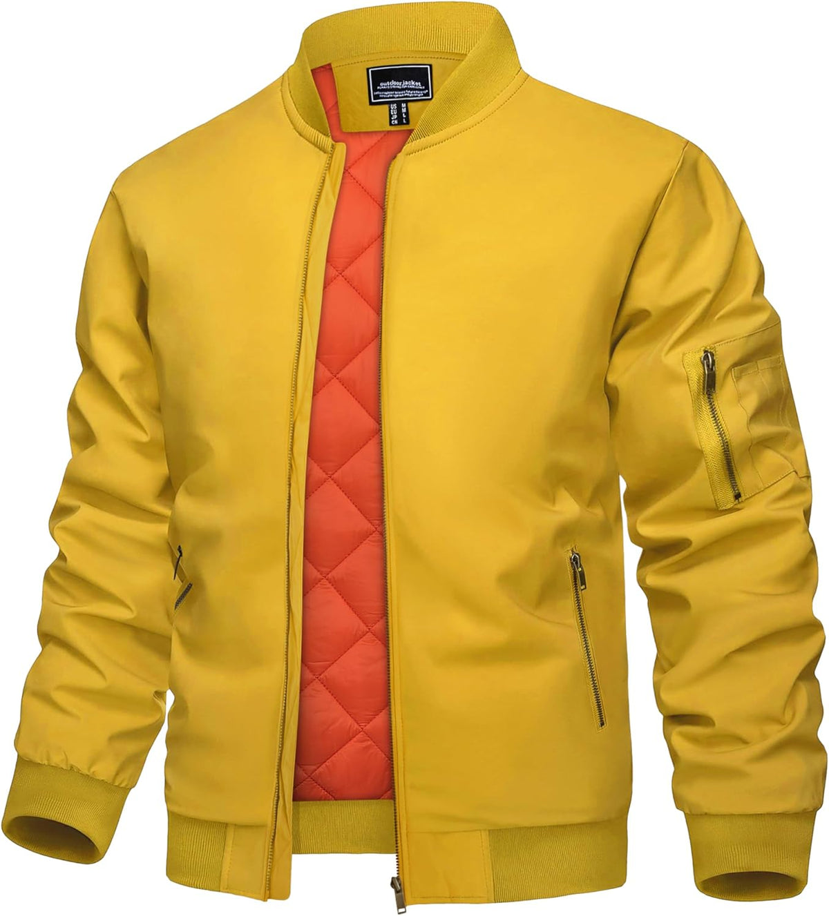 Men's yellow full-zip padded bomber jacket with stand collar and zip side pockets