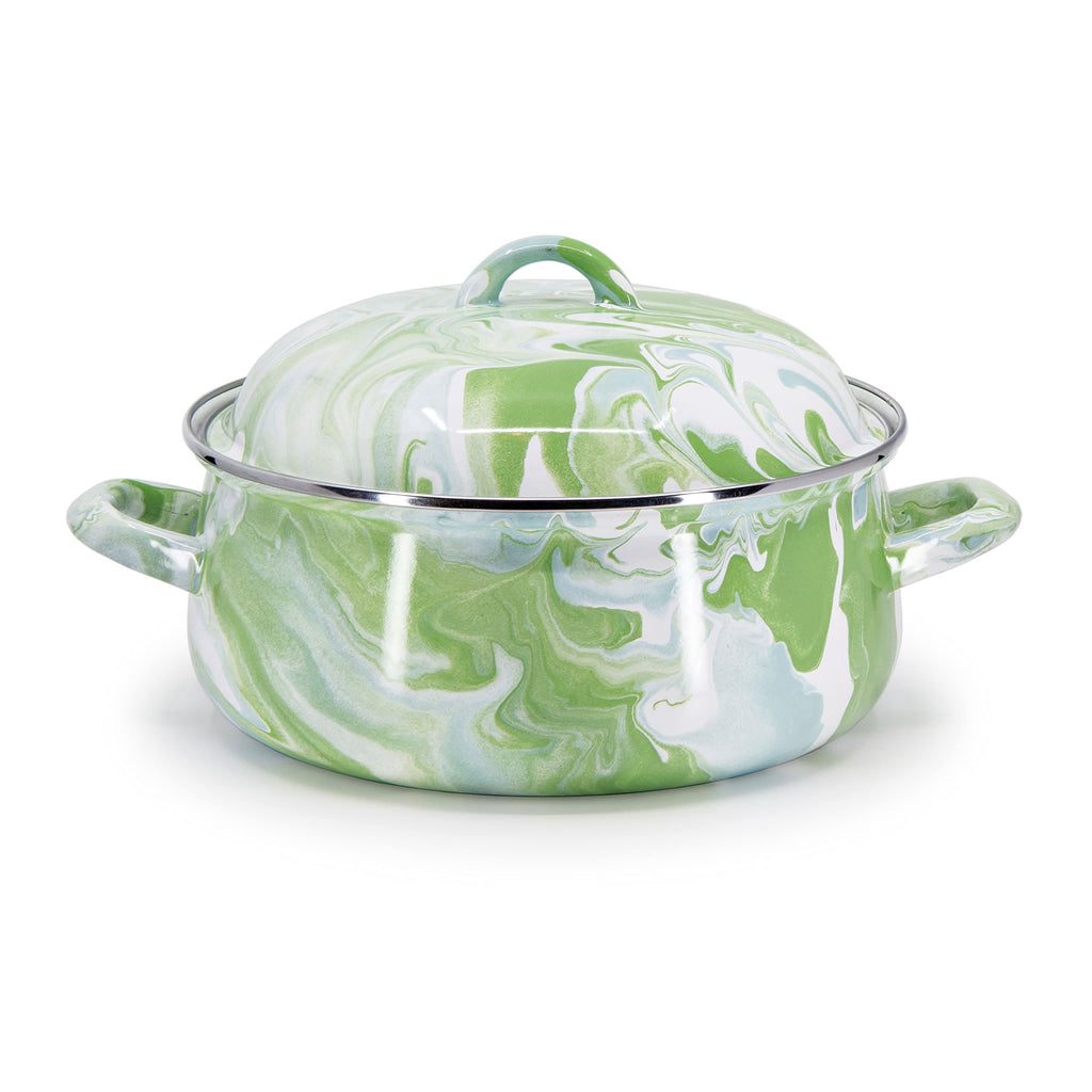 4-quart enamel Dutch oven with green marbled finish and domed lid