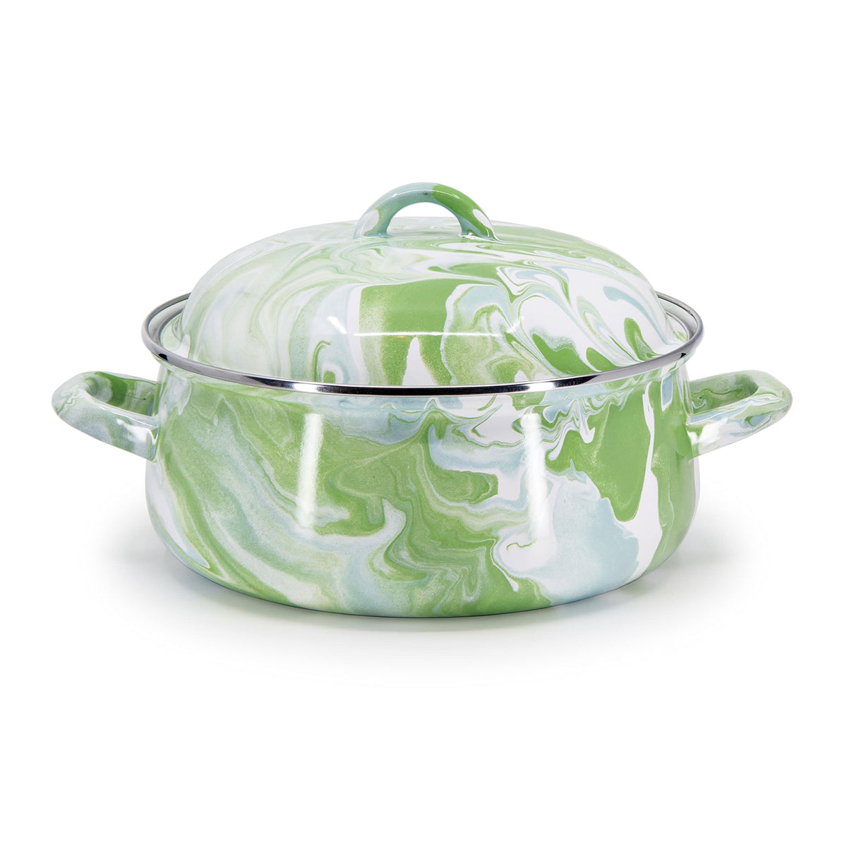 4-quart enamel Dutch oven with green marbled finish and domed lid
