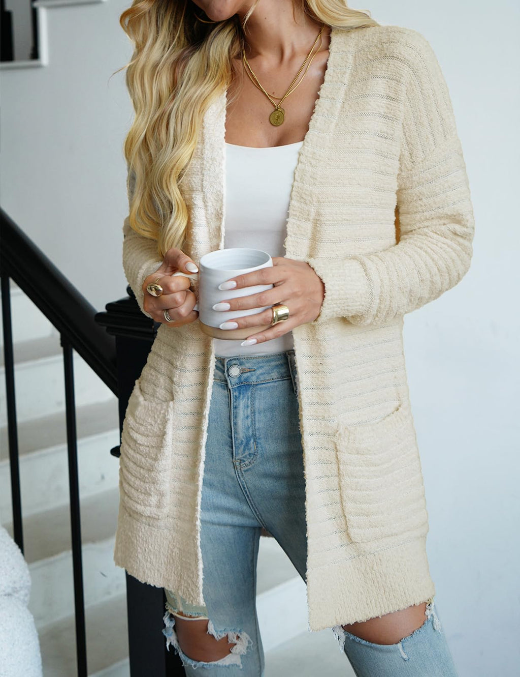 Beige fuzzy long open-front knit cardigan with textured ribbed stripes