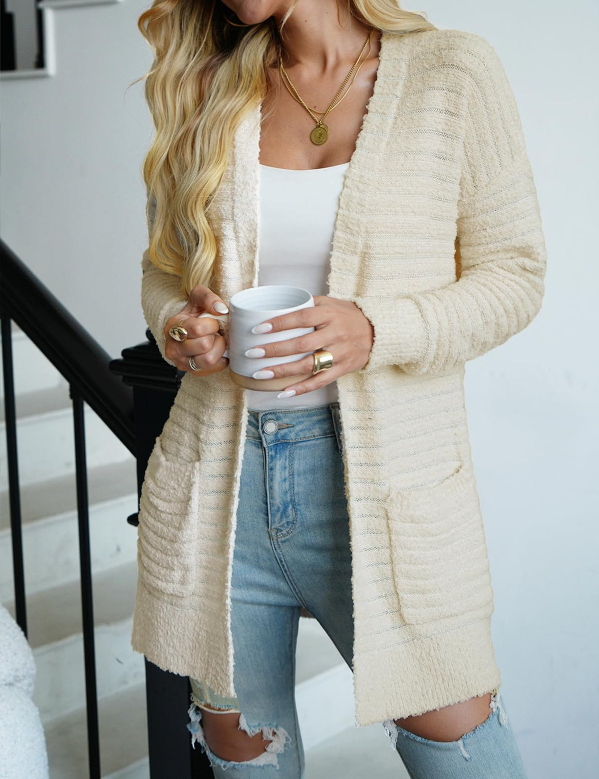 Beige fuzzy long open-front knit cardigan with textured ribbed stripes