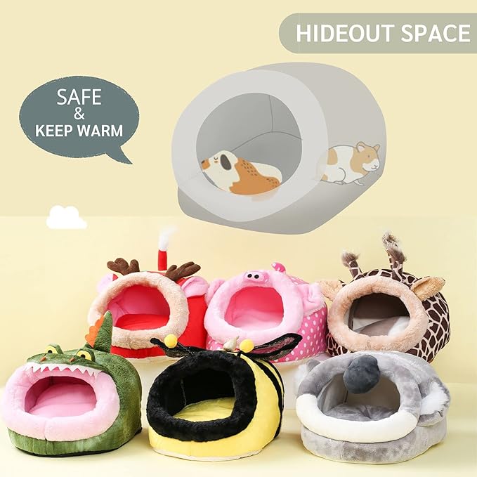 Multiple plush animal hideout tents in green, red, yellow, black, and gray