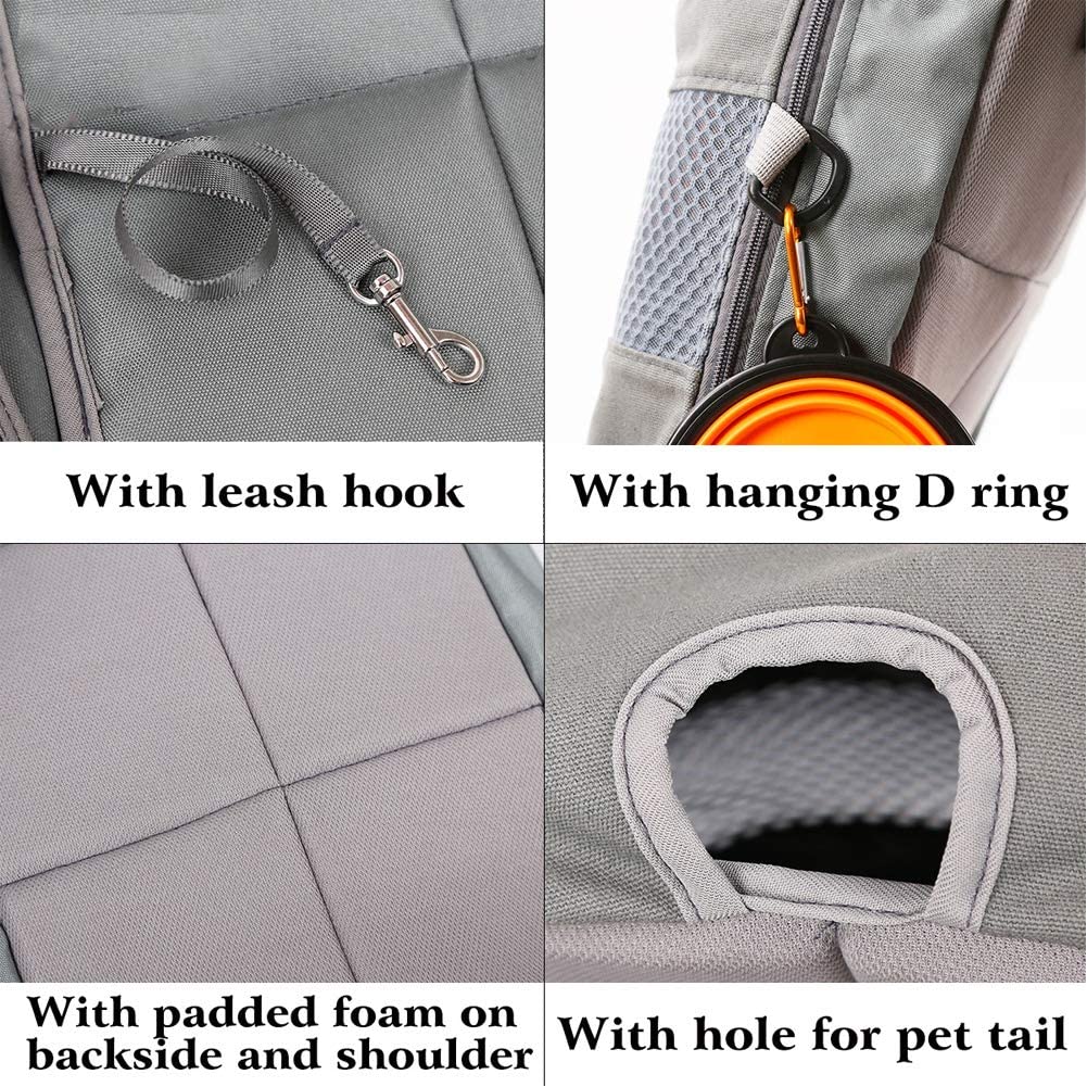 Grey cat dog carrier backpack close-up: leash hook, hanging D ring, padded back, tail hole