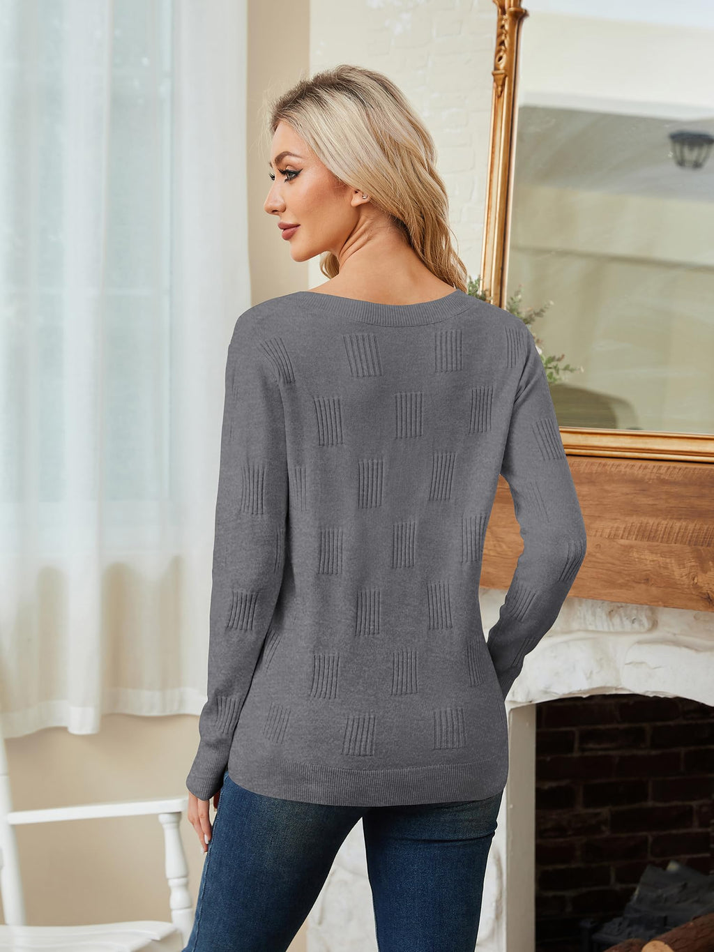 Women's grey V-neck knit pullover sweater, back view with long sleeves
