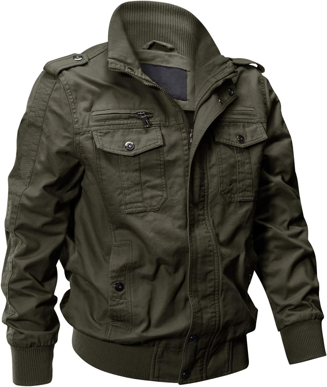 Men's lightweight cotton zip-front military jacket with stand collar, green, rib cuffs