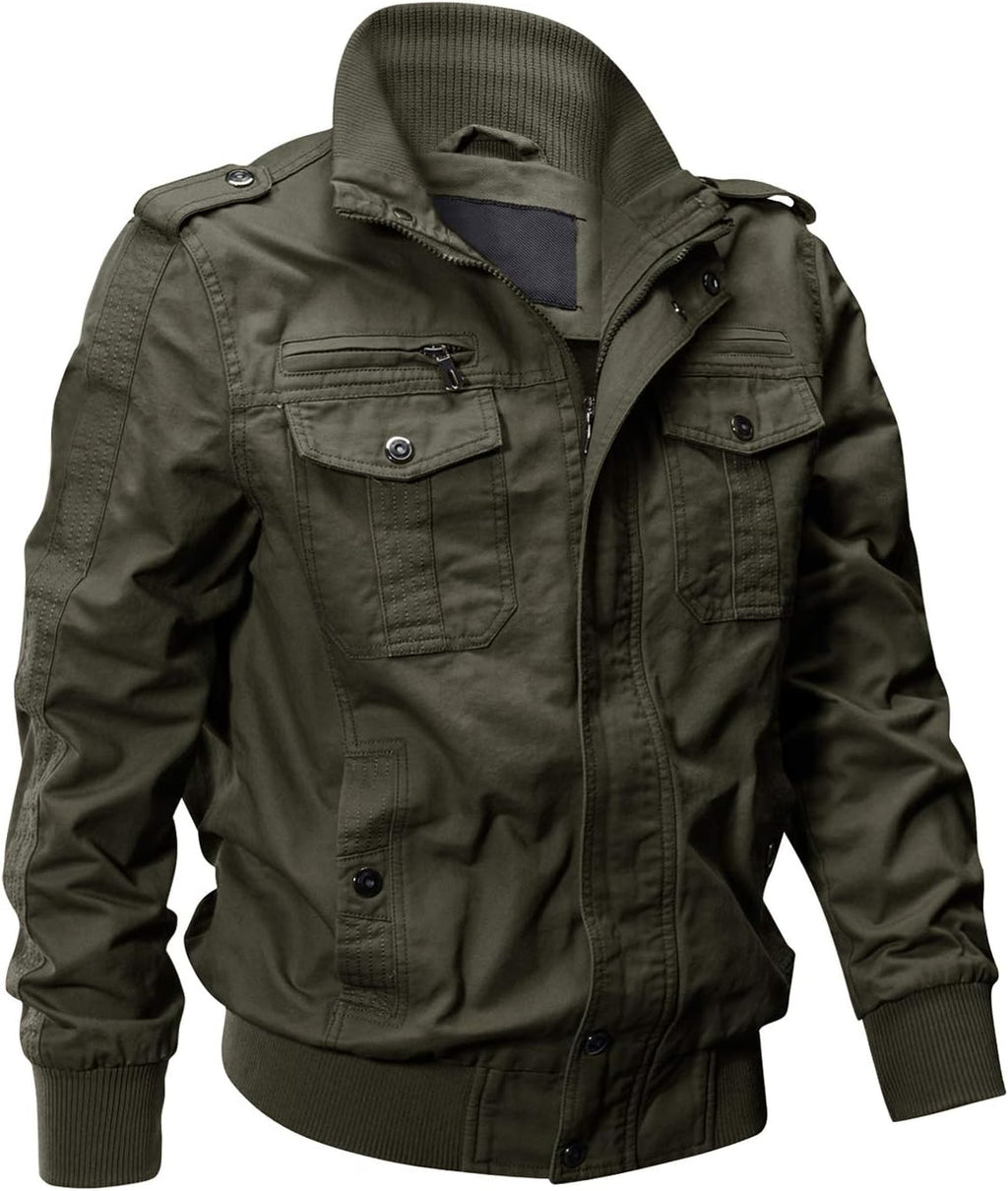 Men's lightweight cotton zip-front military jacket with stand collar, olive green, rib cuffs