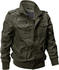 Men's lightweight cotton zip-front military jacket with stand collar, olive green, rib cuffs