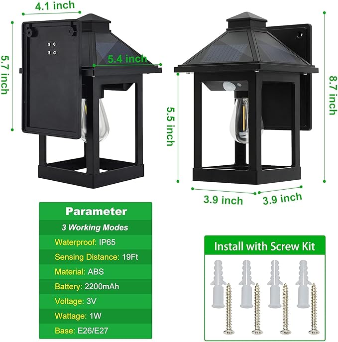 Black solar wall lanterns with dimensions shown, wall mount bracket and clear glass