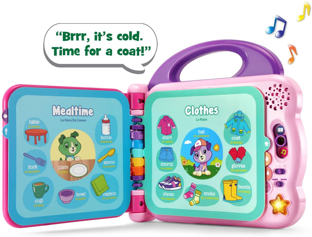 Kids bilingual learning words book toy open to clothes and mealtime sections, finger gesture