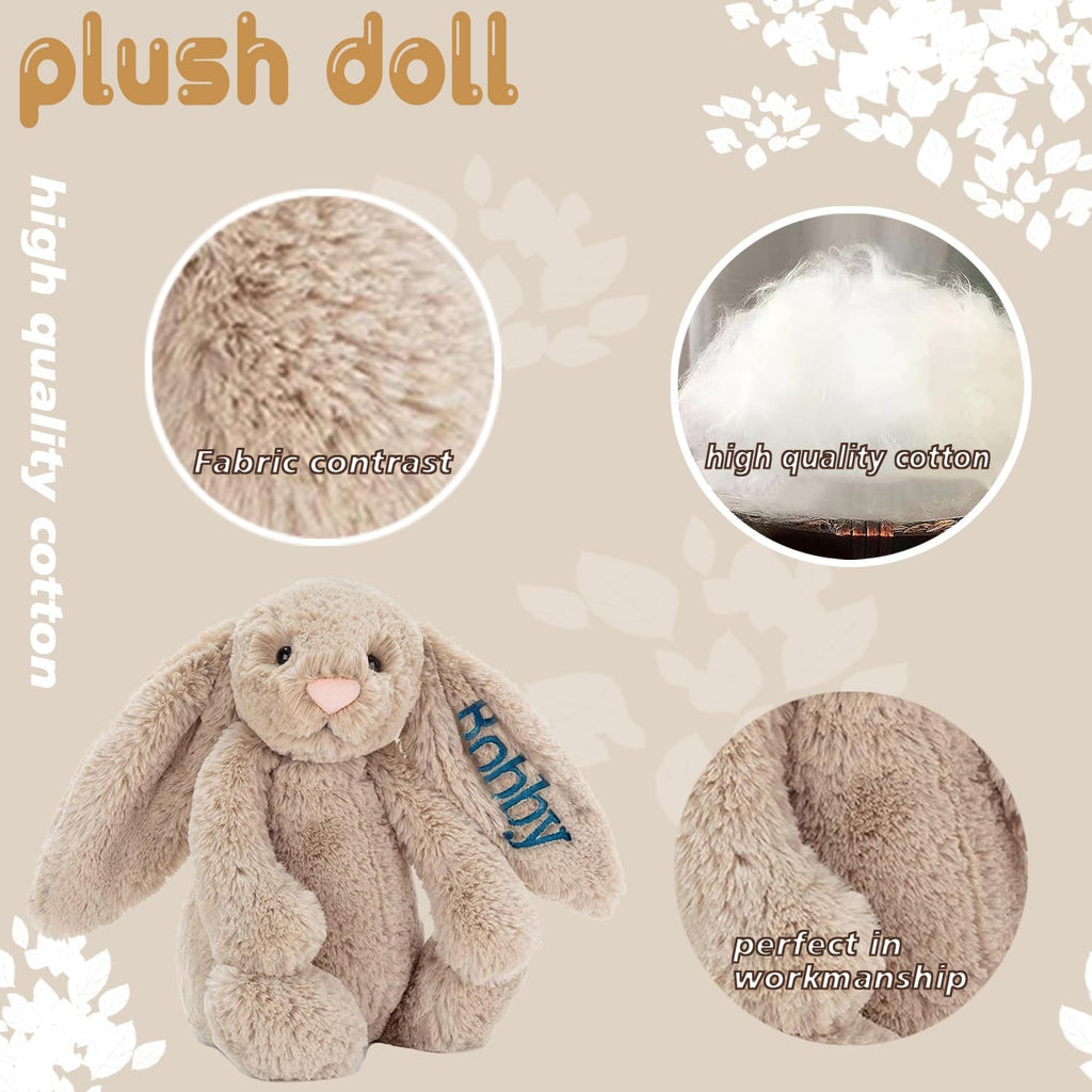 Beige plush rabbit stuffed toy with embroidered name on ear