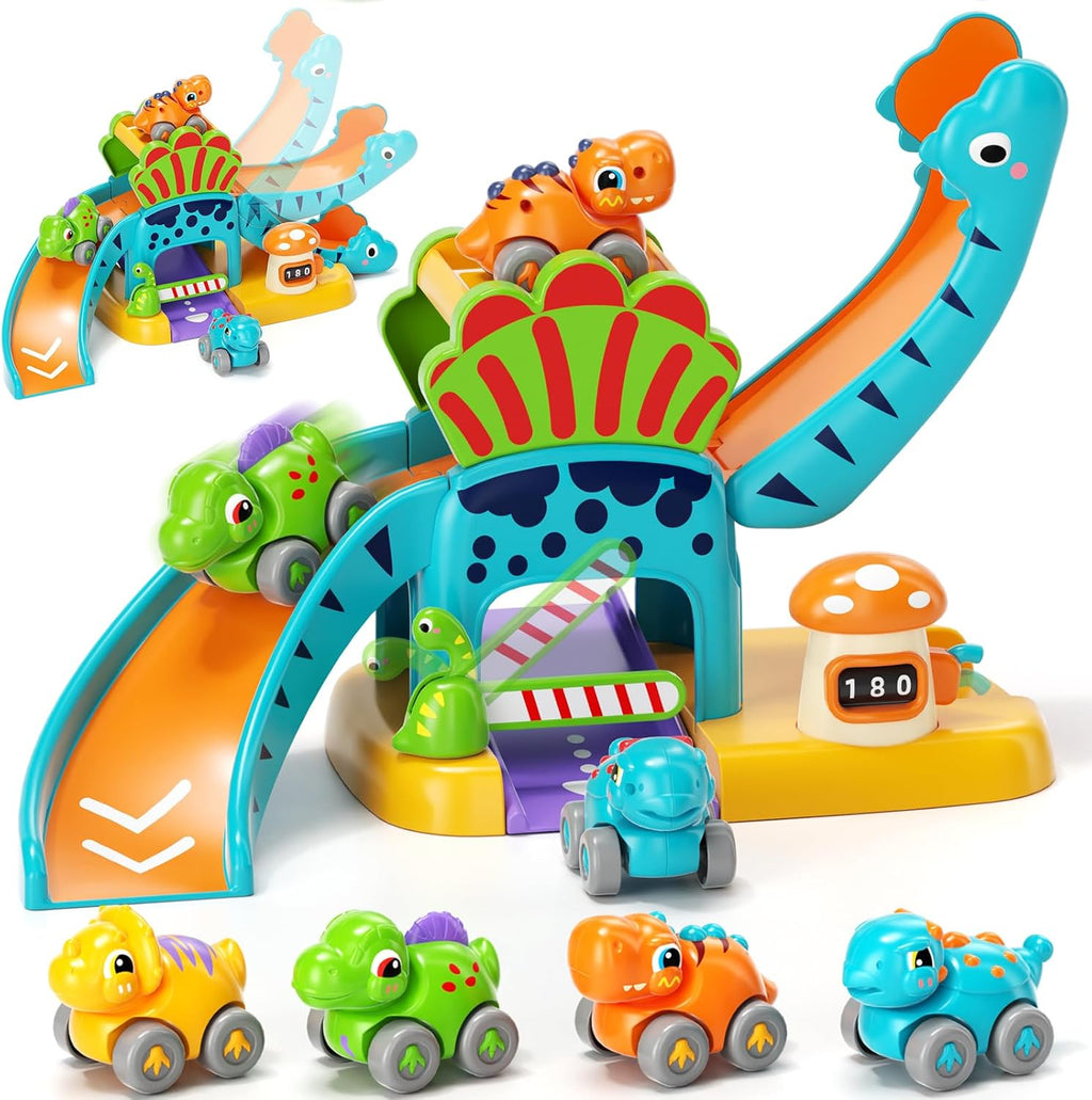 Dinosaur slide playset with 4 mini push cars and castle arch