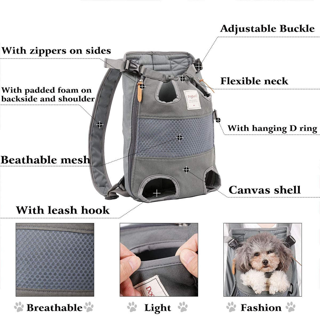 Grey cat dog carrier backpack with adjustable buckle, leash hook, and hanging D-ring detail