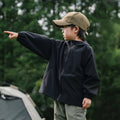 Black hooded windproof outdoor jacket with side pockets and long sleeves