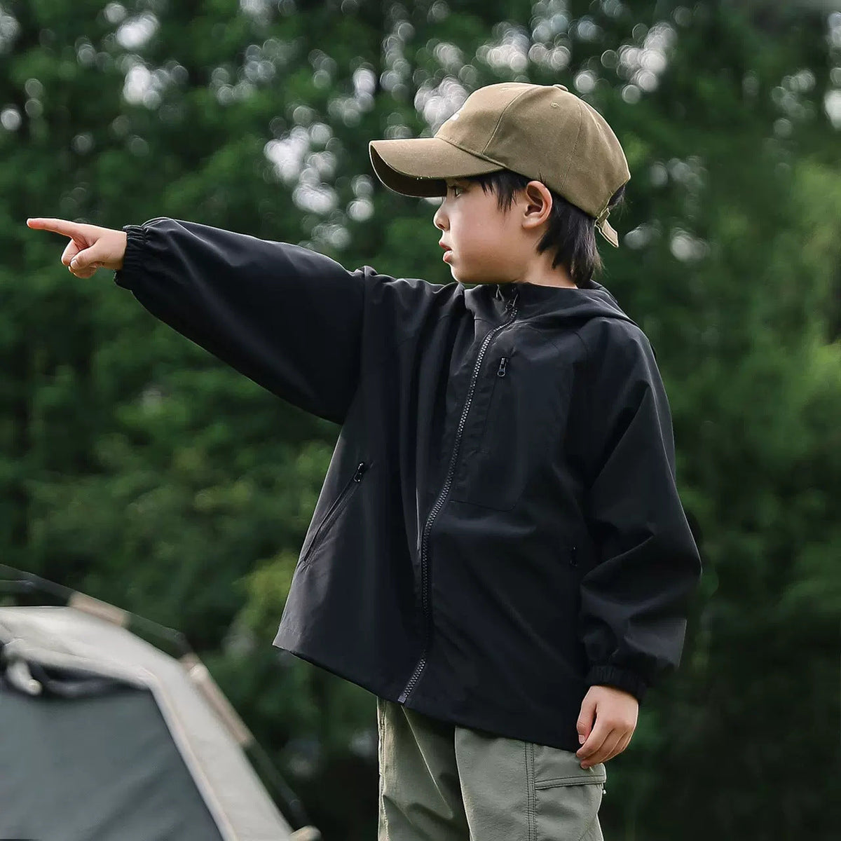 Black hooded windproof outdoor jacket with side pockets and long sleeves