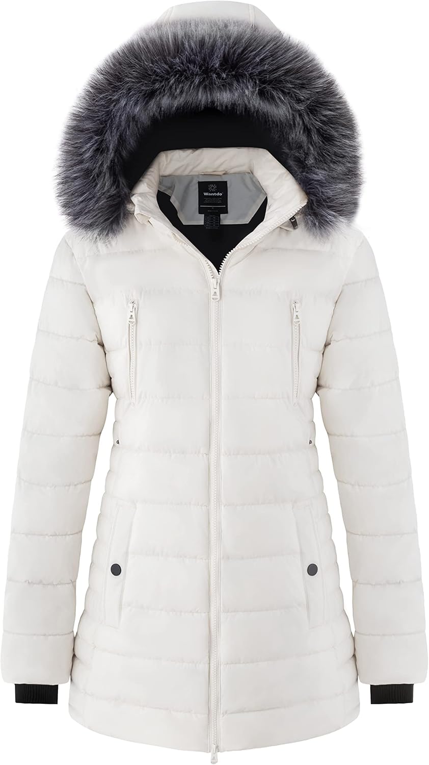 White puffer parka with zip front, dark fur-trimmed hood and side pockets.