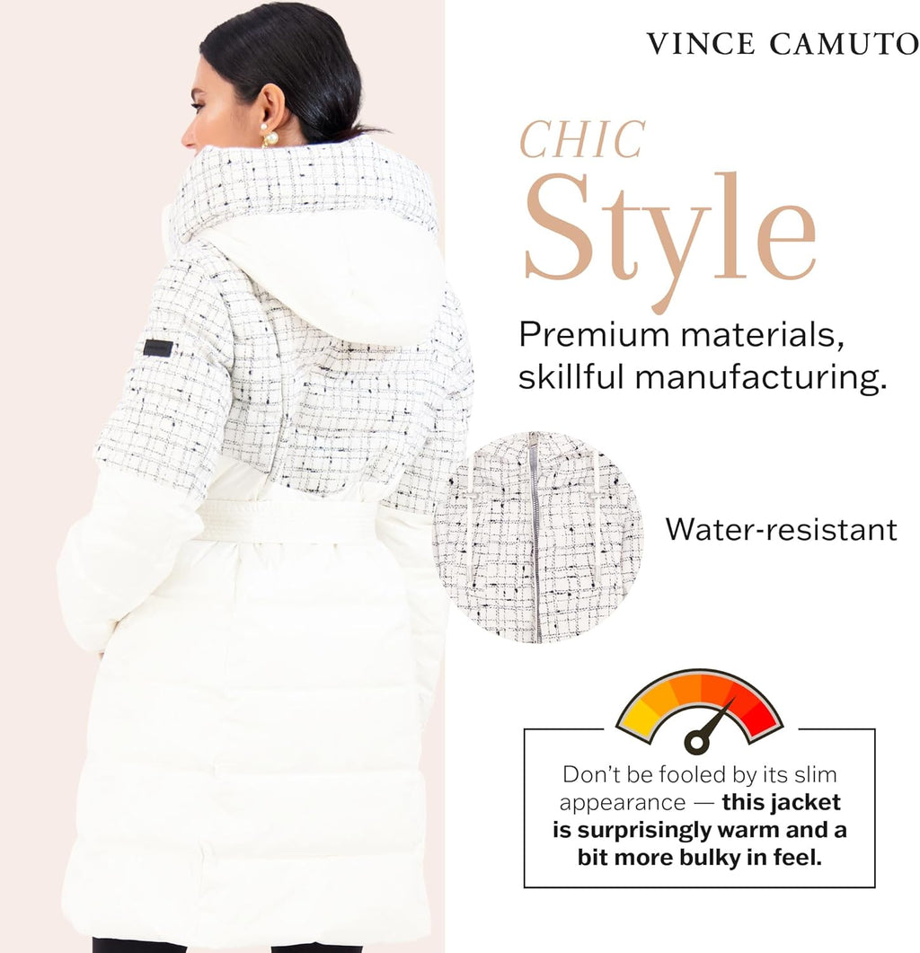Cream hooded puffer jacket, back view with removable waist belt